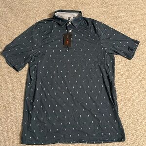 Men’s Med KJUS Golf shirt with Golfers on shirt! UPF 50+, Slate blue in color